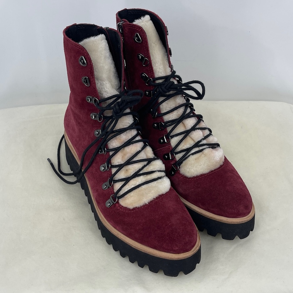 All Black WOMENS SIZE 40 Leather LACE UP ZIPPER BOOTS FLEESE TONGUE BURGUNDY
